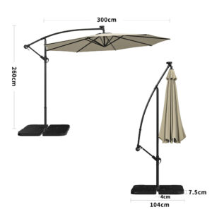 3M Cantilever Garden Parasols Beige/Light Grey/Dark Grey Iron Banana Umbrella with LED Lights