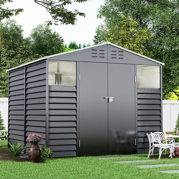7×8 ft Charcoal Steel Tool Shed with Front Windows and Ventilation