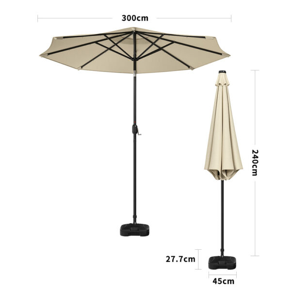 3M Garden Parasol Beige Patio Sun Umbrella Sunshade Canopy With Solar LED Lights