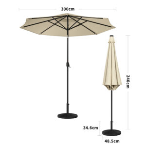 3M Garden Parasol Beige Patio Sun Umbrella Sunshade Canopy With Solar LED Lights