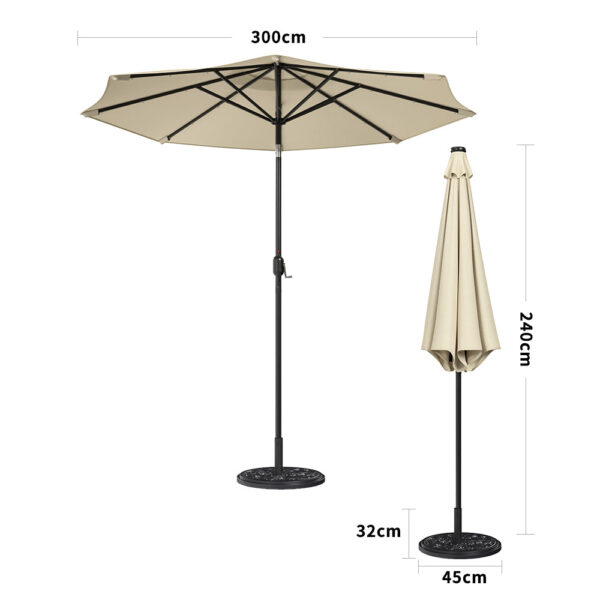 3M Garden Parasol Beige Patio Sun Umbrella Sunshade Canopy With Solar LED Lights