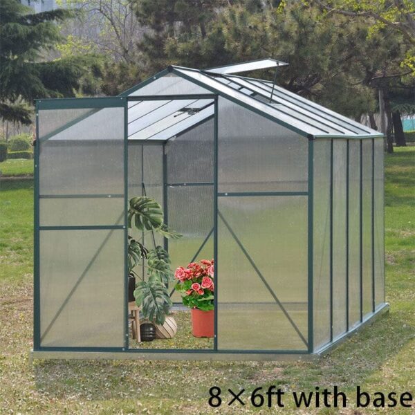 4×6 ft/ 6×6 ft/ 8×6 ft/ 10×6/10' x 6' ft Garden Greenhouse Green Framed with 2 Vents Rain Gutter Setting