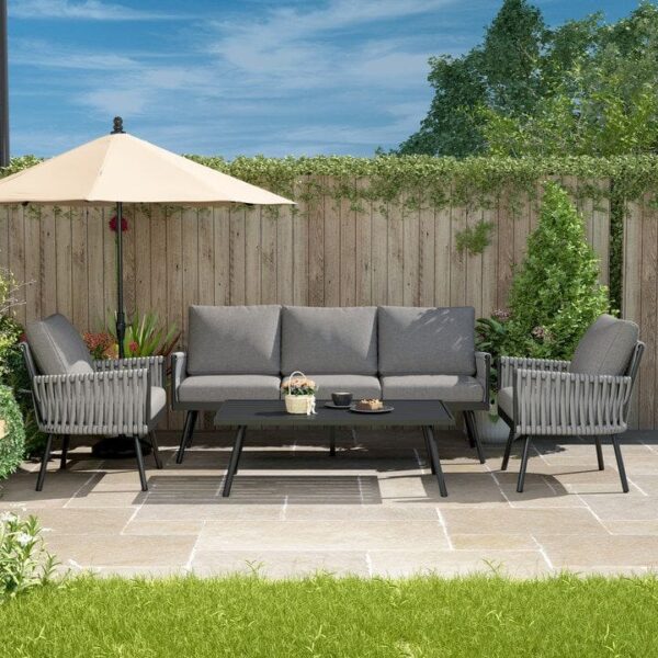 4 Piece Aluminium Outdoor Sofa Set with Glass Table Garden Furniture