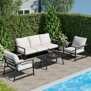 4 Piece Aluminium Outdoor Sofa Set with Glass Table Garden Furniture