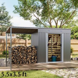5.5×3.5 ft/ 5.5×5.5 ft/ 5.5×7.5 ft/ 5.5×9 ft Metal Pent Roof Outdoor Storage Shed with Lean-to
