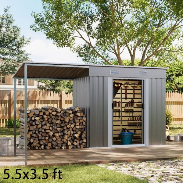 5.5x3.5 ft/ 5.5x5.5 ft/ 5.5x7.5 ft/ 5.5x9 ft Metal Pent Roof Outdoor Storage Shed with Lean-to