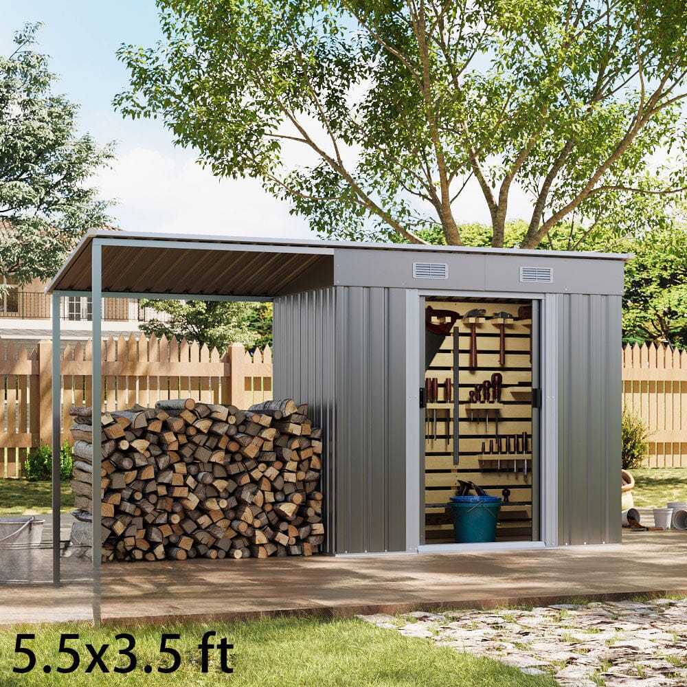 5.5x3.5 ft/ 5.5x5.5 ft/ 5.5x7.5 ft/ 5.5x9 ft Metal Pent Roof Outdoor Storage Shed with Lean-to