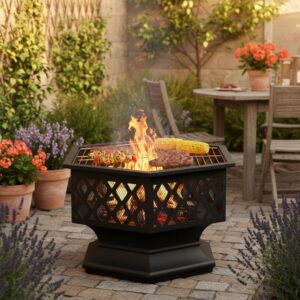 70cm Hexagonal Outdoor Fire Pit & BBQ Grill