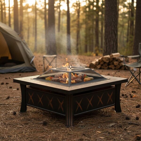 80cm Vintage-Style Outdoor Fire Pit & BBQ Grill | Square Fire Bowl for Garden & Camping