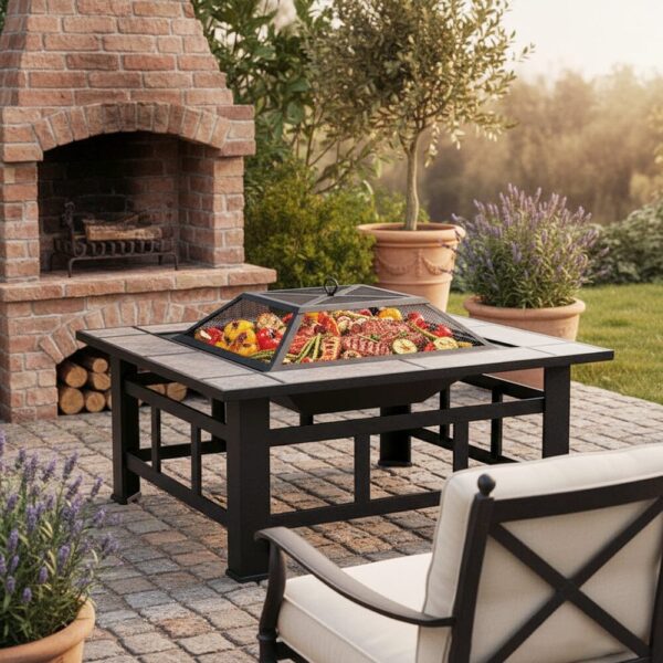 83cm Vintage Brown Fire Pit & BBQ Grill | Square Outdoor Fire Bowl for Garden & Camping