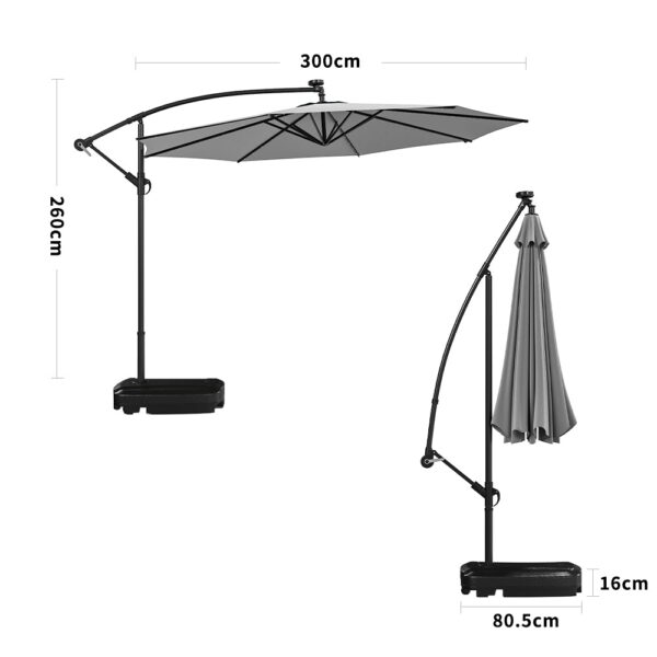3M Cantilever Garden Parasols Light Grey Iron Banana Umbrella with LED Lights