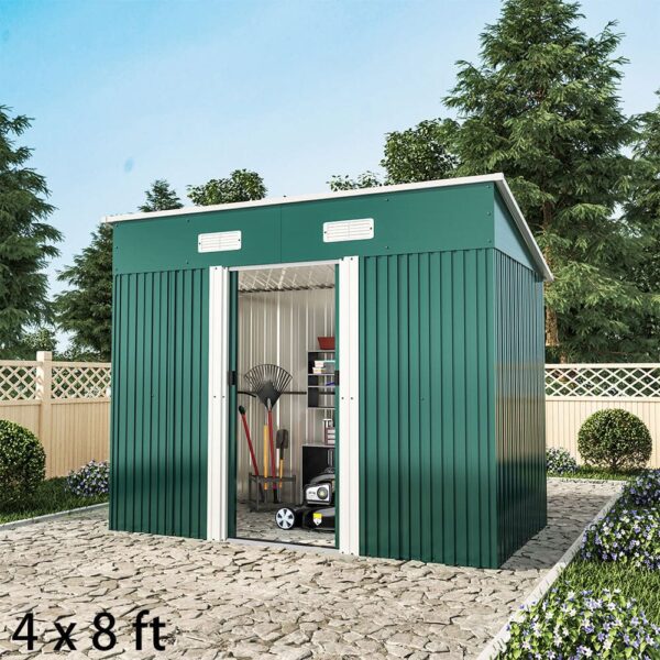 4 x 6 ft / 4 x 8 ft Steel Garden Shed with Skillion Roof Top Steel Black/Green