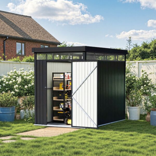 2x2.6x2m/1.6x2.6x2m/2.6x3x2m/4x3x2m Charcoal Black Galvanized Steel Storage Shed with Double/Single Lockable Doors