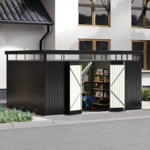 2×2.6x2m/1.6×2.6x2m/2.6x3x2m/4x3x2m Charcoal Black Galvanized Steel Storage Shed with Double/Single Lockable Doors